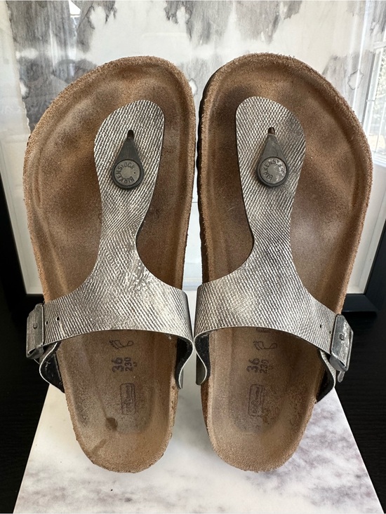 Birkenstock Shoes - Birkenstock Gizeh Metallic Silver Thong-Style Sandals - Size 36